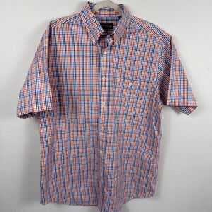 Orvis Mens Medium Short Sleeve Plaid Button Down Shirt Blue Orange Cotton M